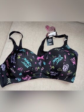 Betsey Johnson X Torrid Black Bra with Neon Pink, Blue & Green Graffiti Print